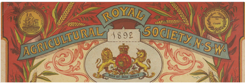 Vintage 1892 Royal Agricultural Society of NSW emblem featuring a crest with lions, crown, and decorative scrollwork.