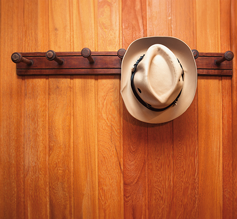 A felt hat hangs on a wooden peg rack against timber panelling.