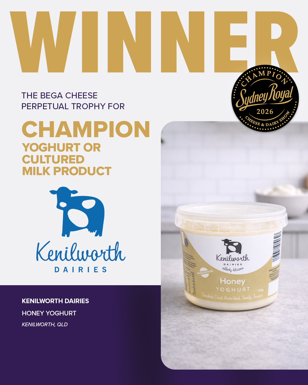 Honey Yoghurt by Kenilworth Dairies, Champion Yoghurt at the 2026 Sydney Royal Cheese and Dairy Produce Show