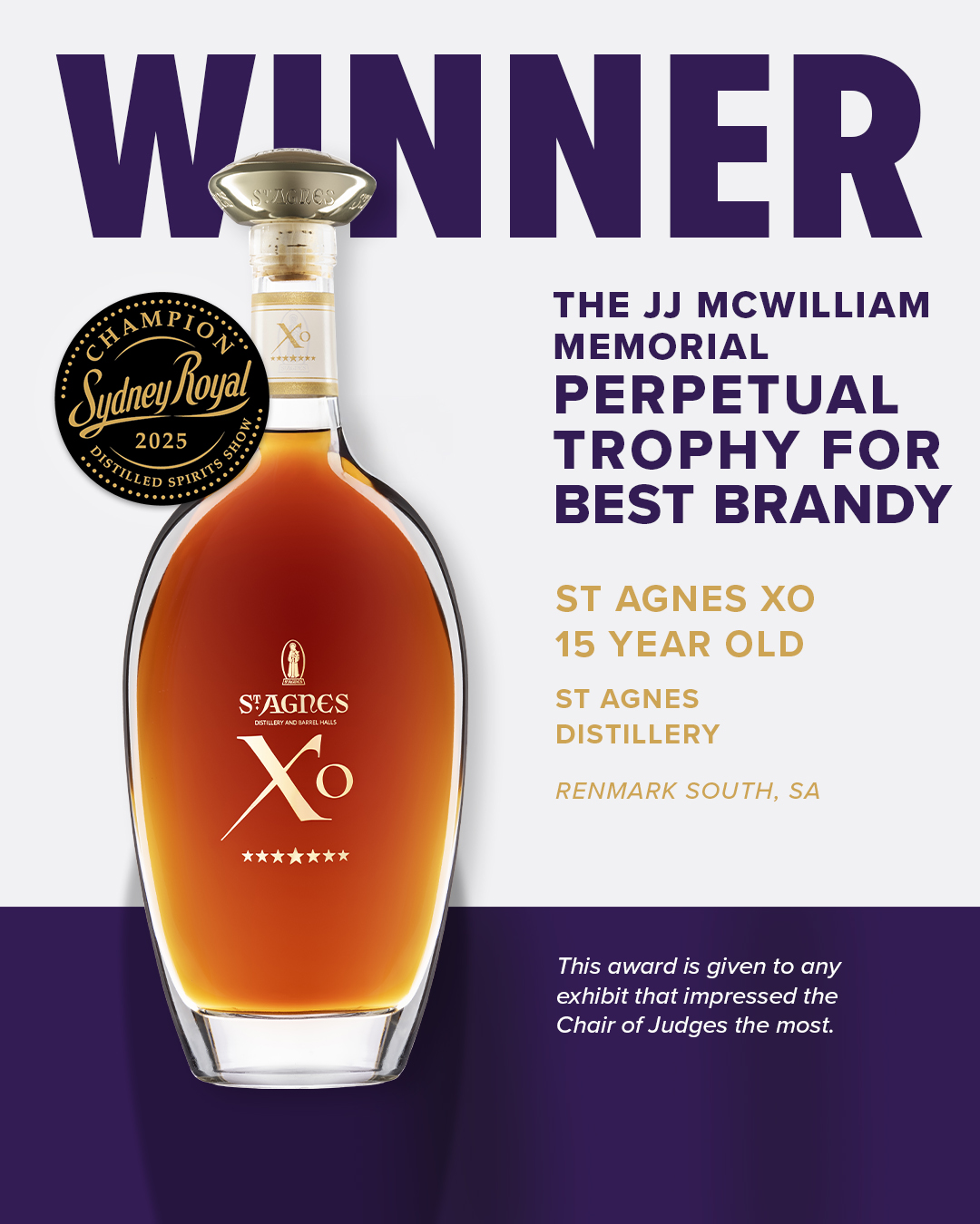 Deep amber spirit in a curved glass decanter with gold stopper, awarded 2025 Sydney Royal Distilled Spirits Winner.