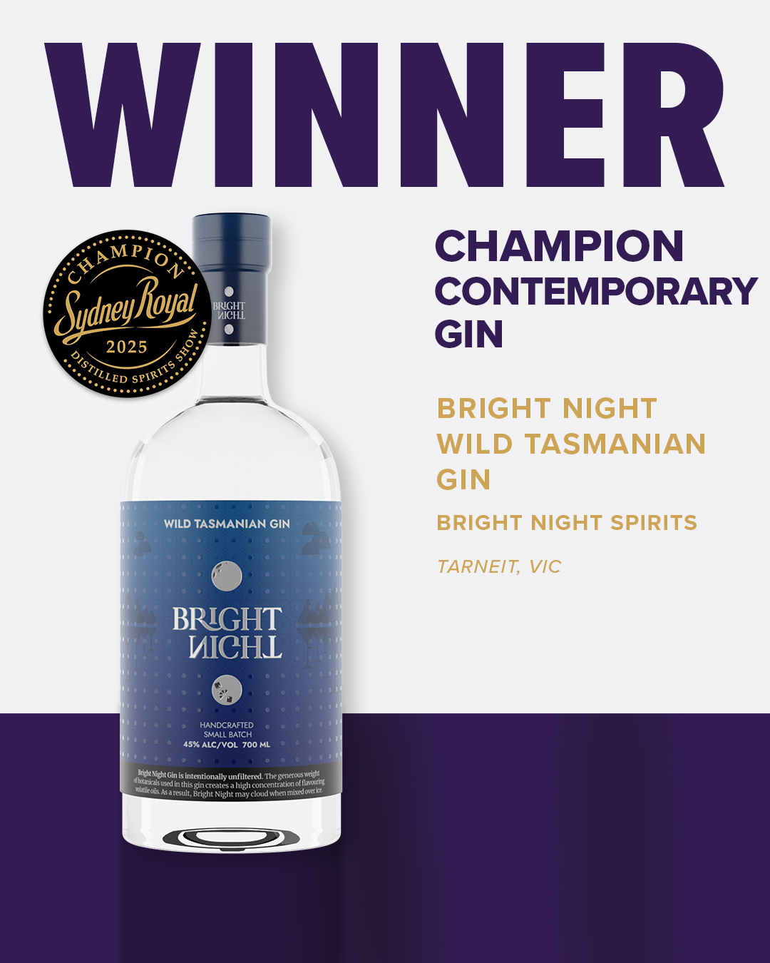 Tall clear gin bottle with deep blue label, silver lettering, and navy blue cap, awarded Sydney Royal Distilled Spirits 2025 Winner.