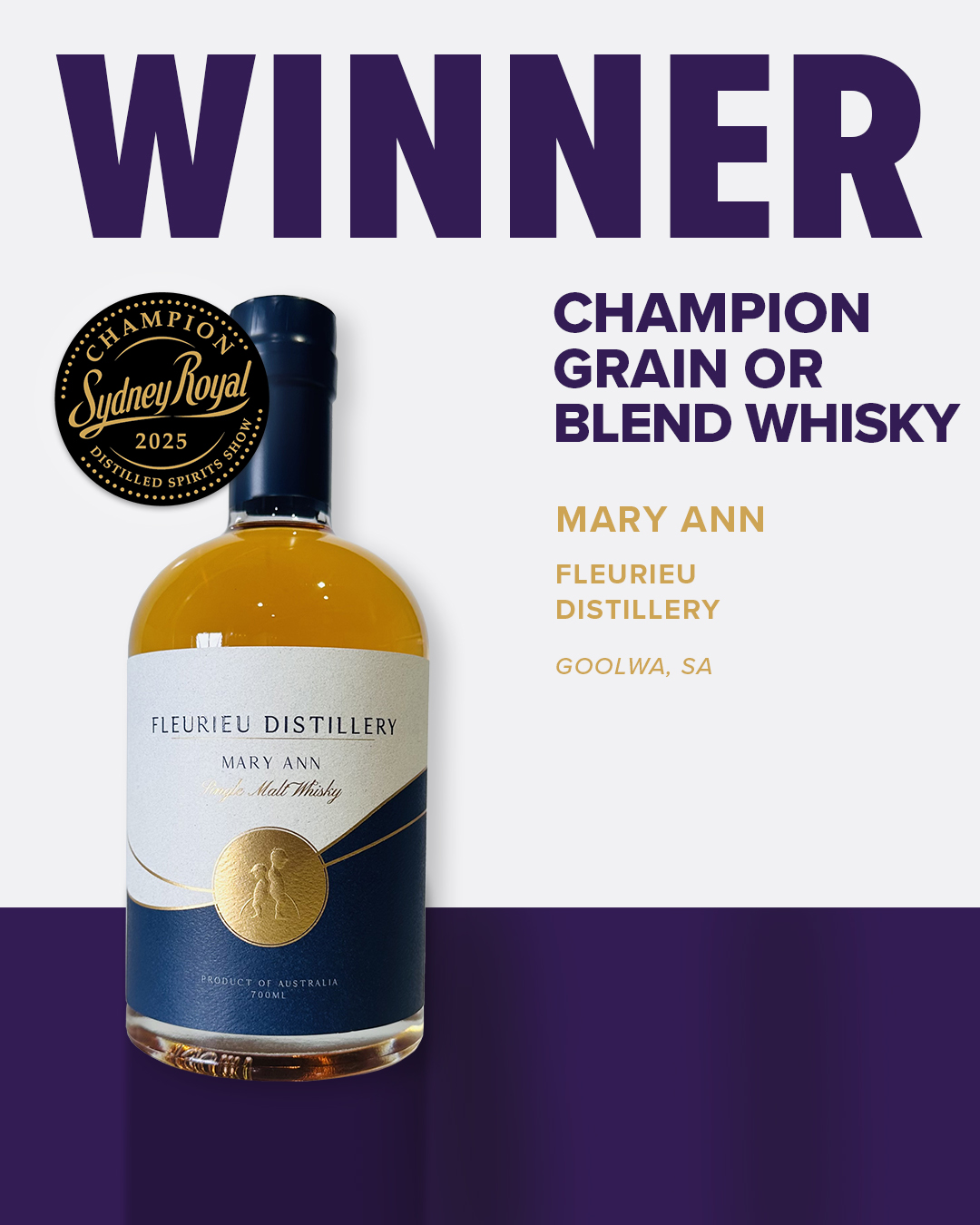 Golden whisky bottle with a navy blue wax cap, and a blue, white and gold label, awarded Sydney Royal Distilled Spirits 2025 Winner.