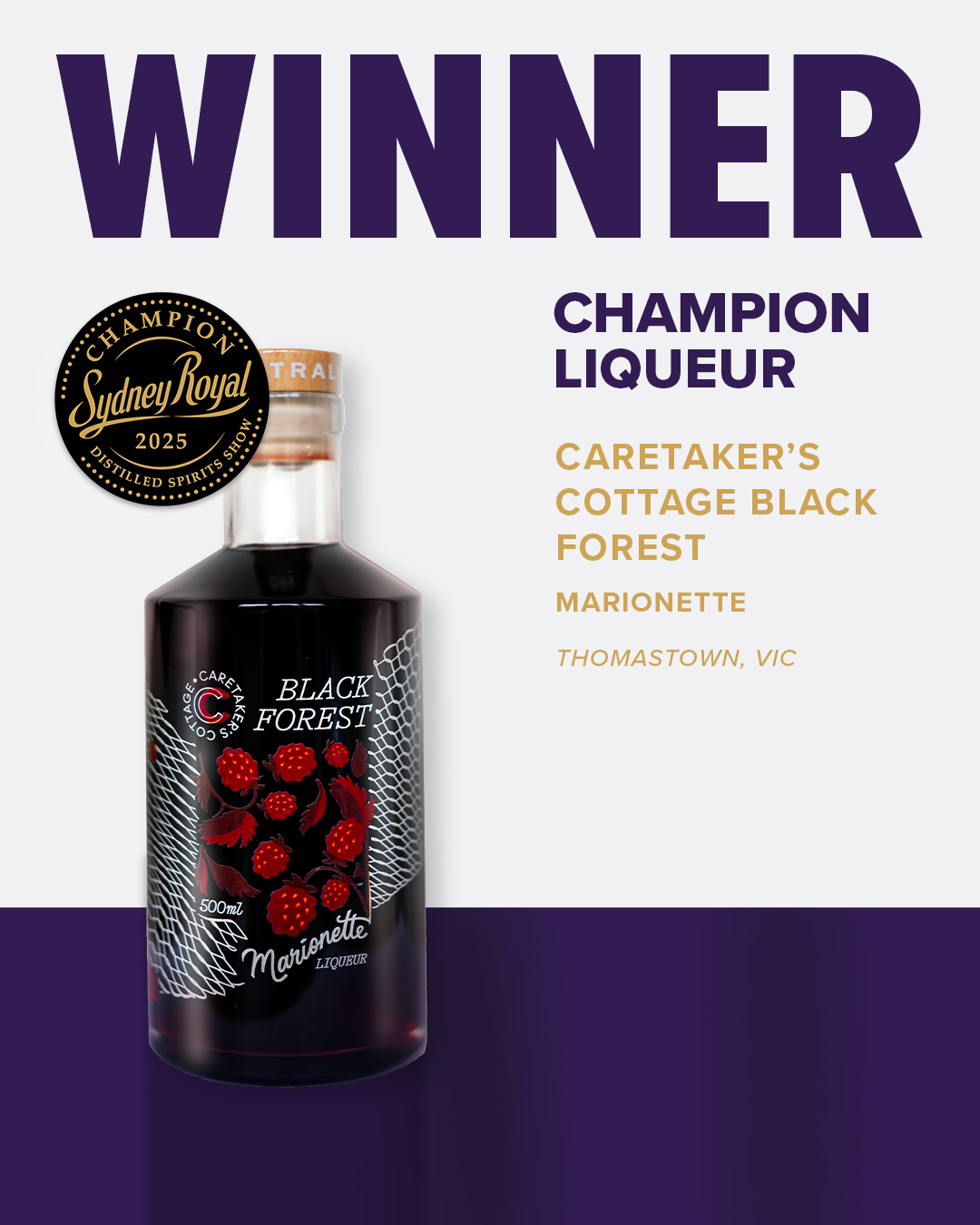 Dark glass bottle with red berry illustrations and white patterns, awarded 2025 Sydney Royal Distilled Spirits Winner.