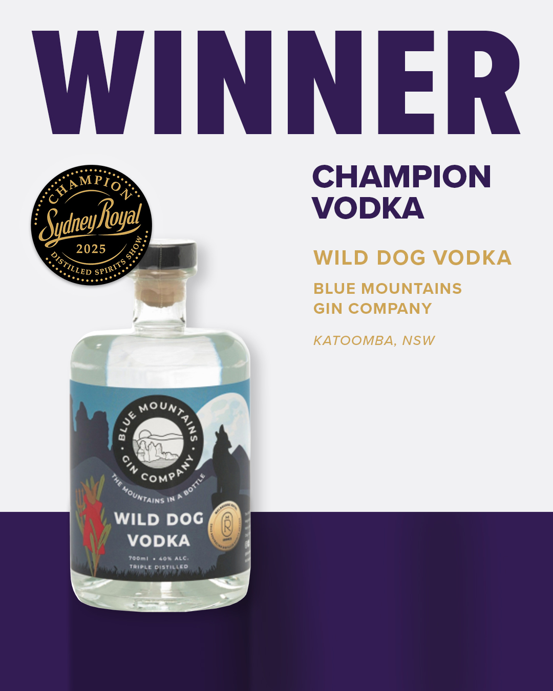 Clear cylindrical bottle containing transparent liquid with illustrated mountain scene label, awarded 2025 Sydney Royal Distilled Spirits Winner.