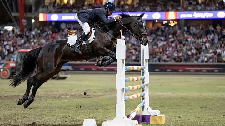 Rider and horse jumping an obstacle at the Sydney Royal Horse Show.