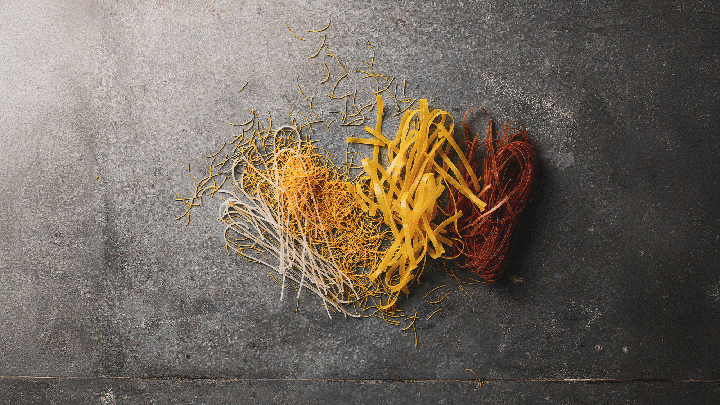Four varieties of uncooked pasta displayed at the Sydney Royal Fine Food Show's Pasta Competition.
