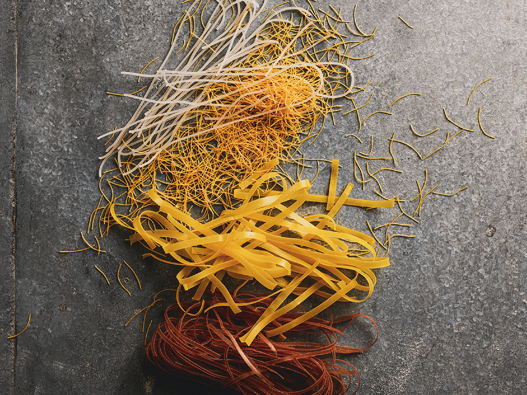 Four varieties of uncooked pasta displayed at the Sydney Royal Fine Food Show's Pasta Competition.