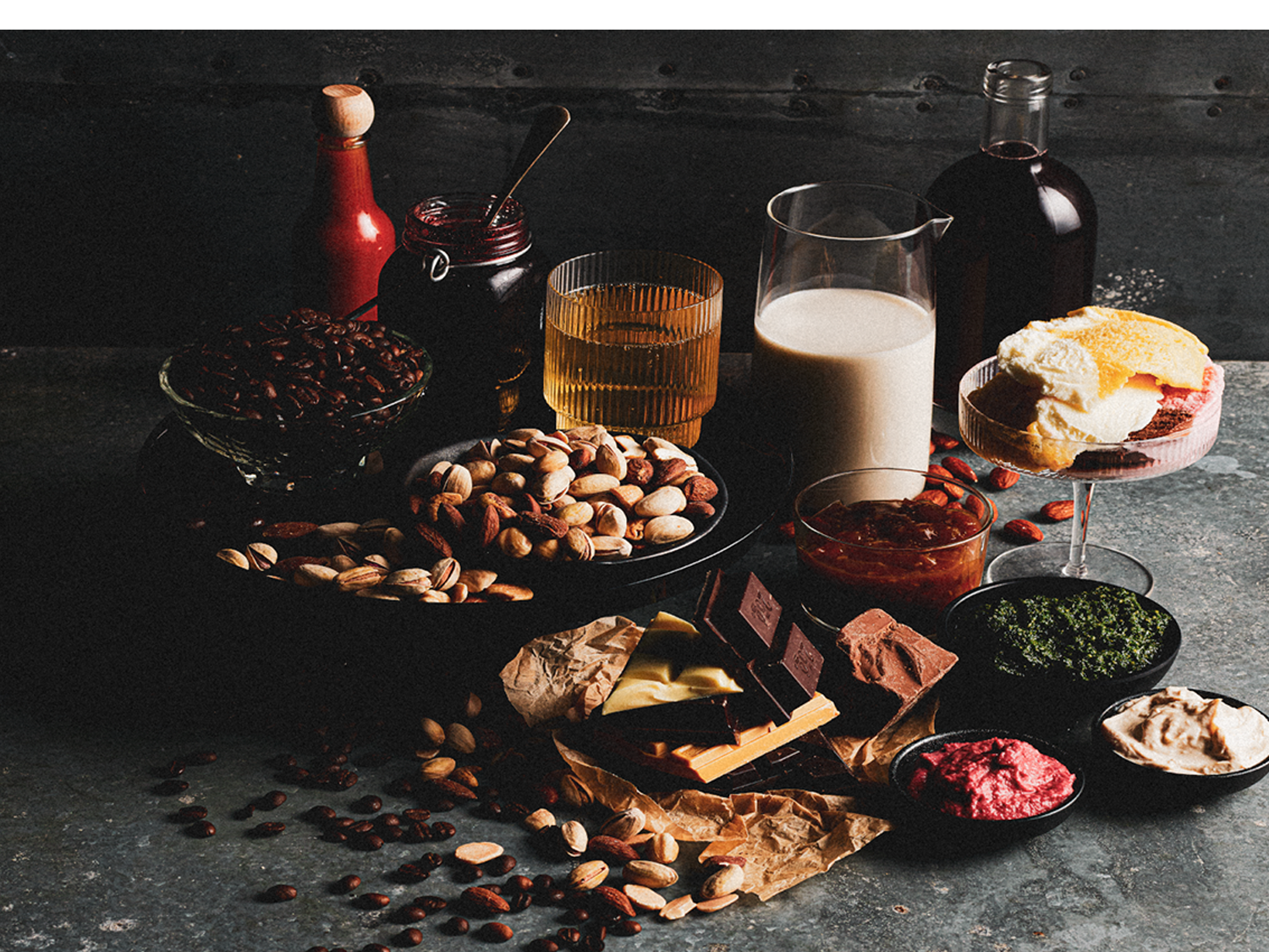 A selection of nuts, chocolate, dairy, and condiments displayed for the Sydney Royal Fine Food Show Speciality Foods Competition.