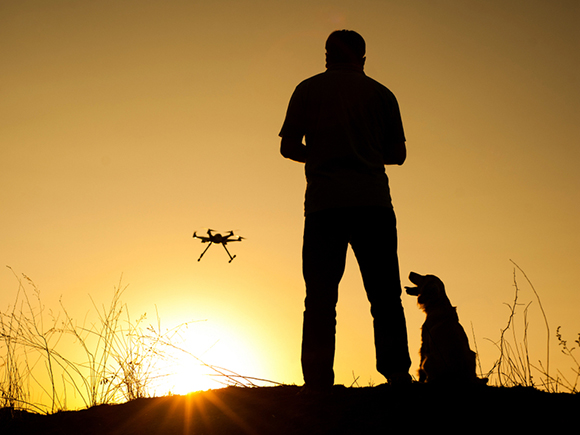 Silhouette of a person operating a drone at sunset with a dog sitting nearby on a hill.