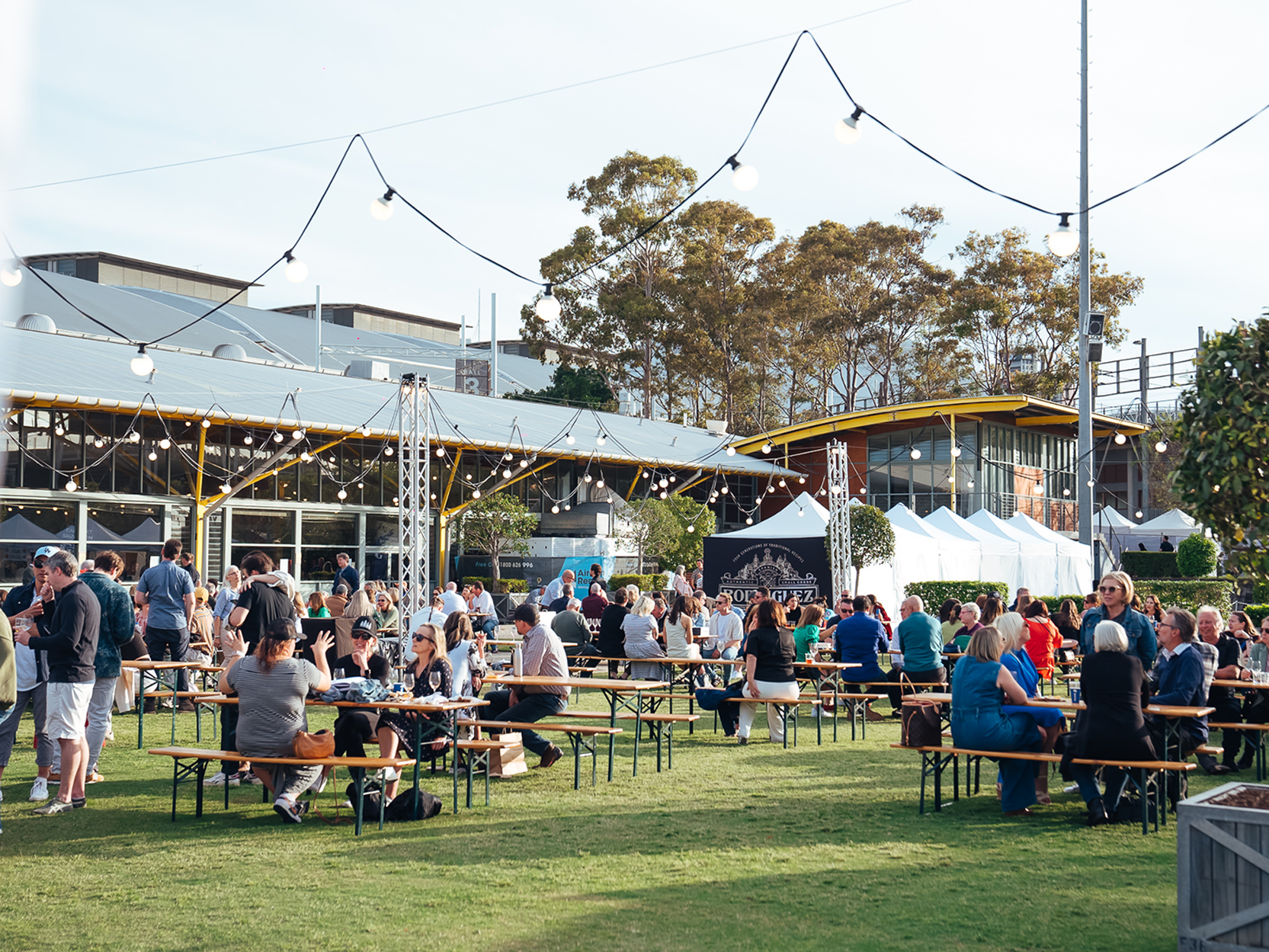 Patrons at Grape, Grain and Graze sit and gather at outdoor picnic tables under string lights