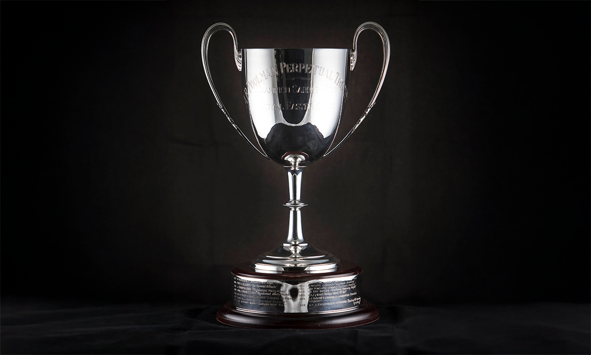 Silver twin handled cup with narrow stem and foot, mounted to a short circular base. First presented in 1980. 