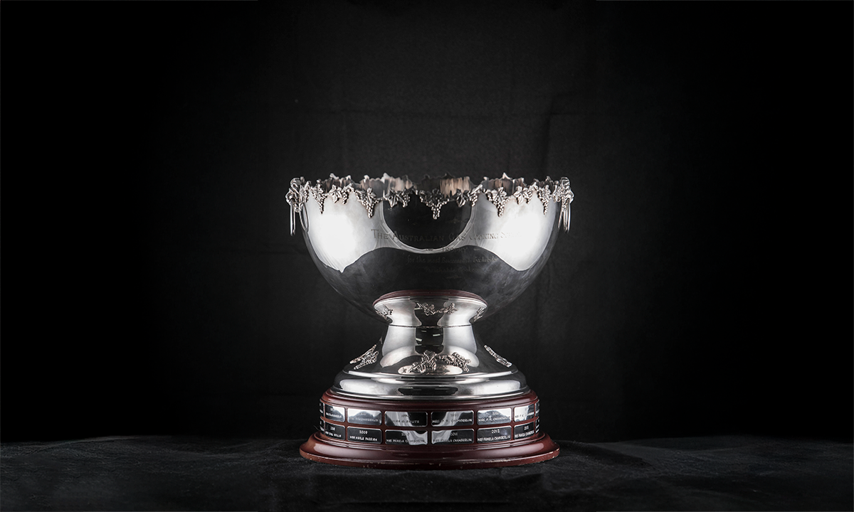 Silver twin handled punch bowl with applied fruiting vine rim and twin lion mask with ring drop handles, raised on a timber plinth base. First presented in 1991.