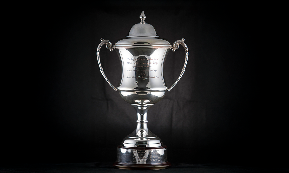 Silver lidded trophy cup with decorative twin handles on a timber base. First presented in 1999.