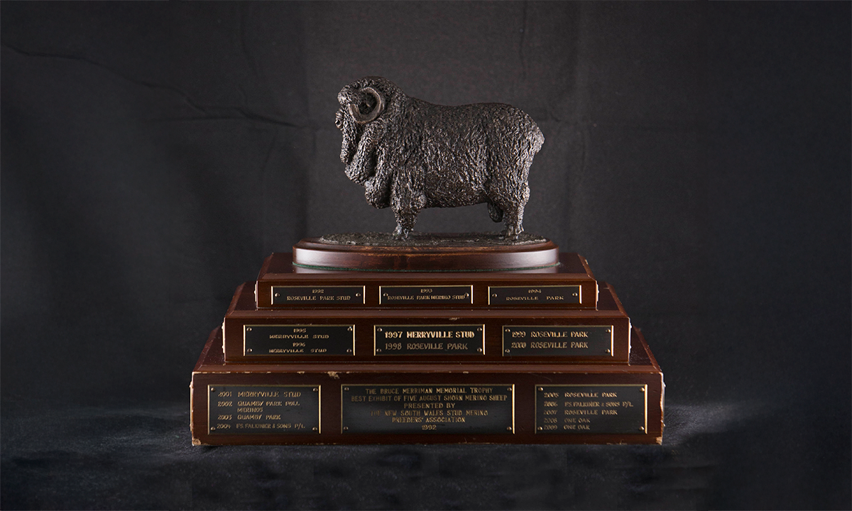 Bronze merino ram, mounted on three-tiered rectangular wooden base. First awarded in 1992.