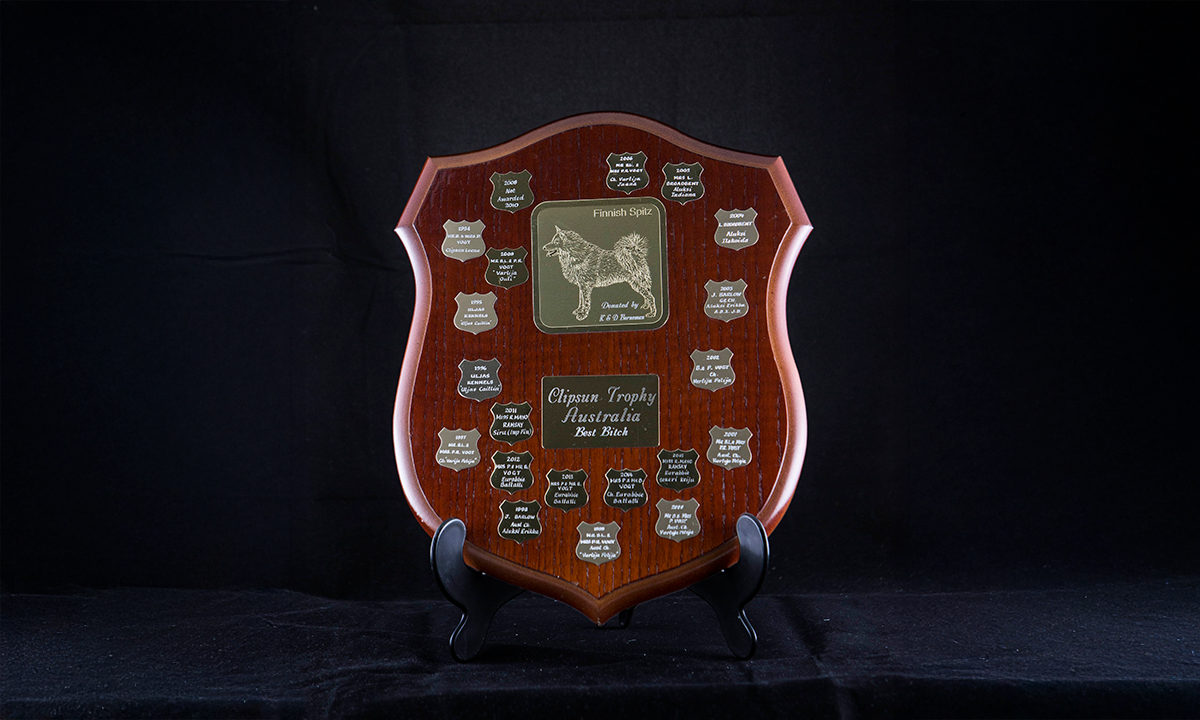 Timber shield with central brass plaque depicting engraved Finnish Spitz. Name and engraving plates are also attached to the front of the shield. First presented in 2000.