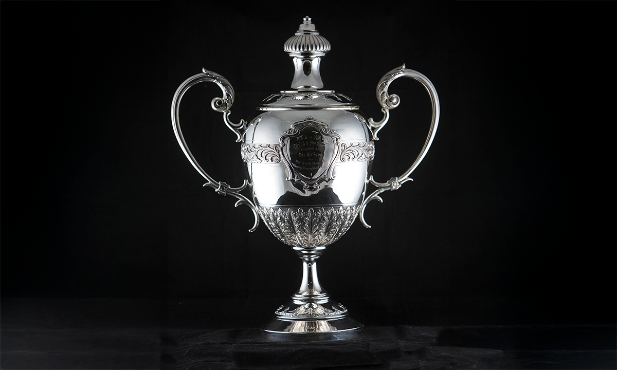 Electroplated silver twin handled lidded urn. First awarded in 1950.