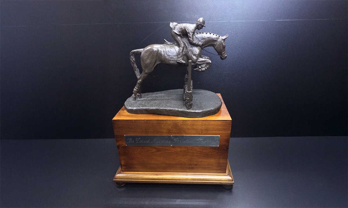 Bronze figure of a showjumper and horse, mounted on a light-coloured rectangular wooden base fitted with name plate and engraving plates.
