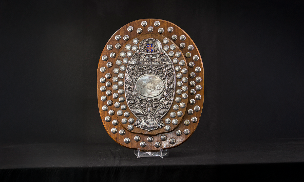 Large, layered oak shield with central plate engraved with images of wheat being ploughed. Over a hundred small round plaques are dotted amongst the two layers, each bearing the name of a winning district.  First awarded in 1911.