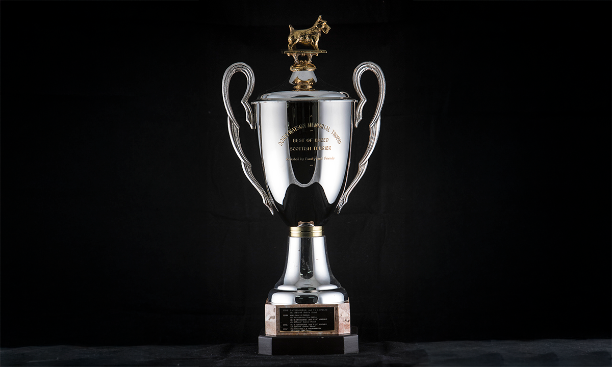 Lidded silver cup with a gilded figure of a Scottish terrier attached to the top of the lid. Cup is mounted on a black base. First awarded in 1994.