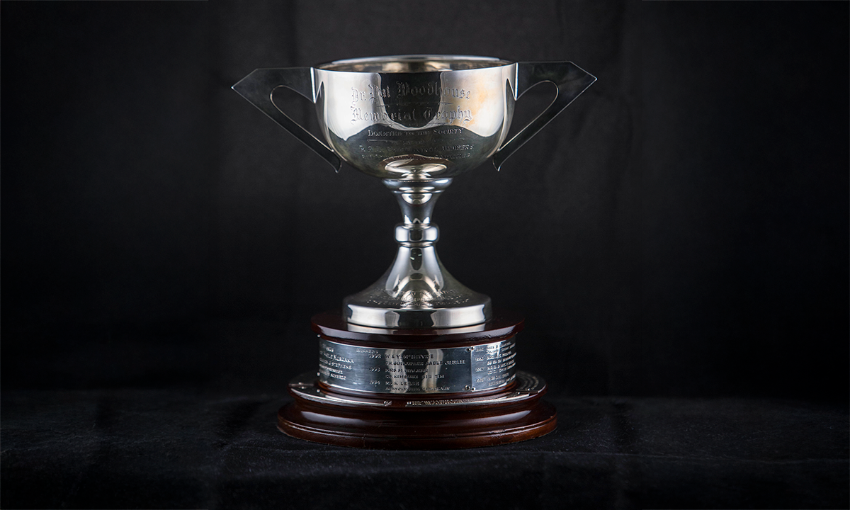 A silver twin handled trophy cup, raised on a circular wooden plinth. First presented in 1988. 