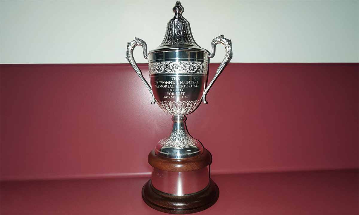 Silver cup with feather pattern on the body, foot, and lid, mounted on a wooden base encircled with a silver band. First awarded in 2022.