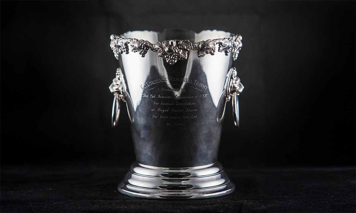 Silver ice bucket of tapering cylindrical form with an applied fruiting vine border and lion mask ring drop handles. First presented in 1962.