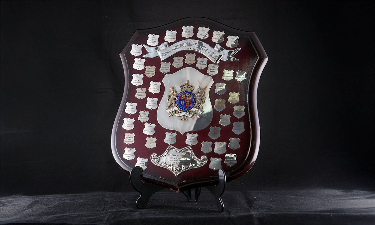 Timber shield with silver name and winner engraving plates, with an enamelled coat of arms applied to the centre. First presented in 1974.