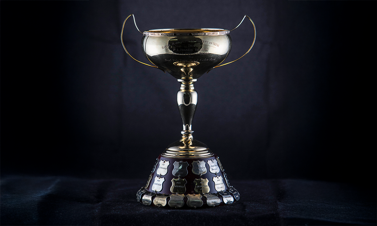 Small gold twin handled cup with a star and oval embossed rim, raised on a wooden base. First awarded in 1970.