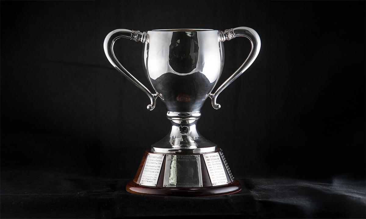 Sterling silver twin handled cup, mounted on a turned wooden base with applied sterling silver plaques, one engraved with a Leicester sheep. First awarded in 1951.