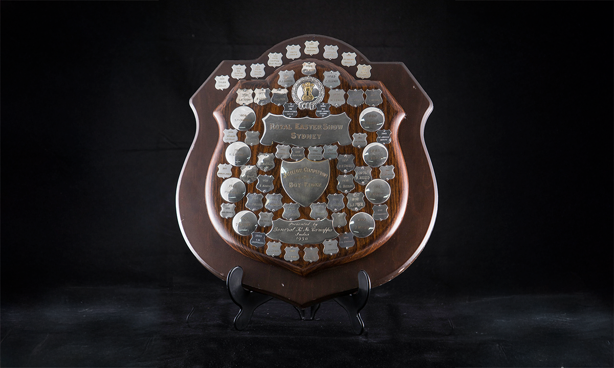 Double layered wooden shield shaped plaque with many small metal shields and circles for engraving attached. First presented in 1956.