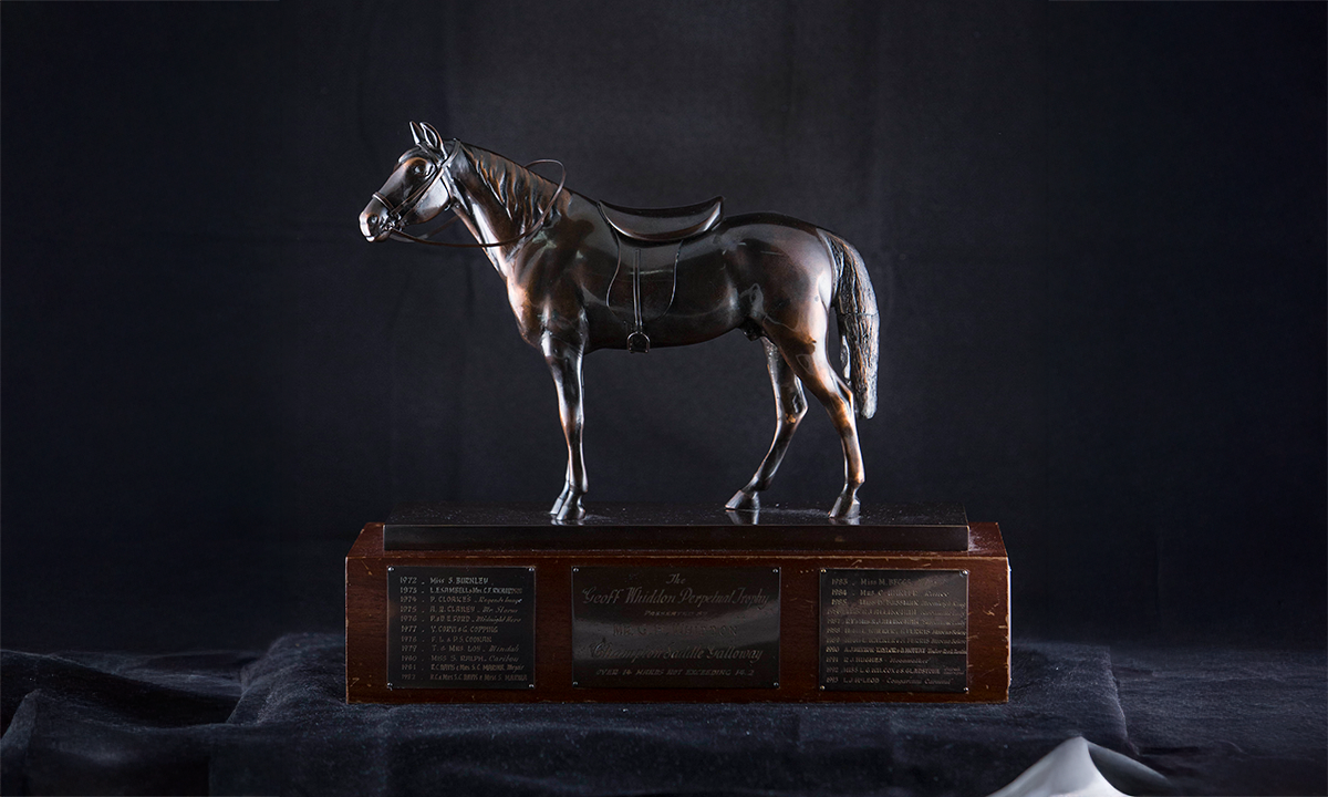 Bronze horse, raised on a timber plinth. First presented in 1972. 