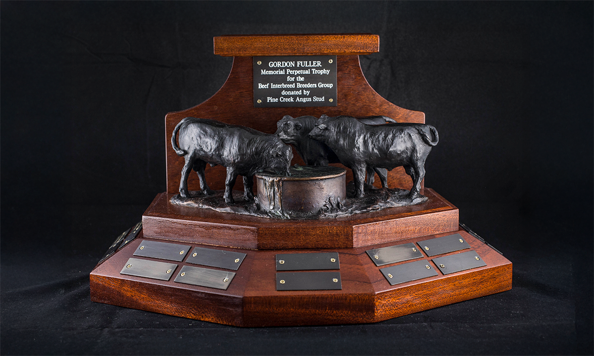 Bronze figure of cattle drinking from a trough. The sculpture sits on top of a polished wooden base. First awarded in 2014.