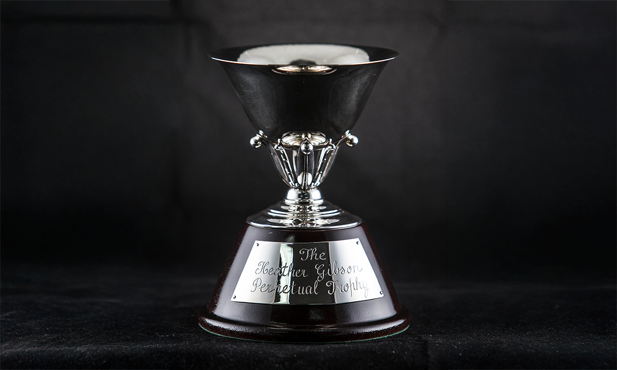 Small, silver cup with claw-like neck mounted on a sloped circular wooden plinth with silver plate attached. First awarded in 2012. 
