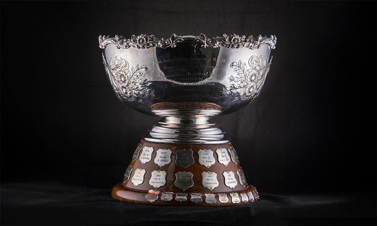 Large silver punch bowl with embossed floral and foliate decoration, raised on a tapered circular wooden base. First awarded in 1964.