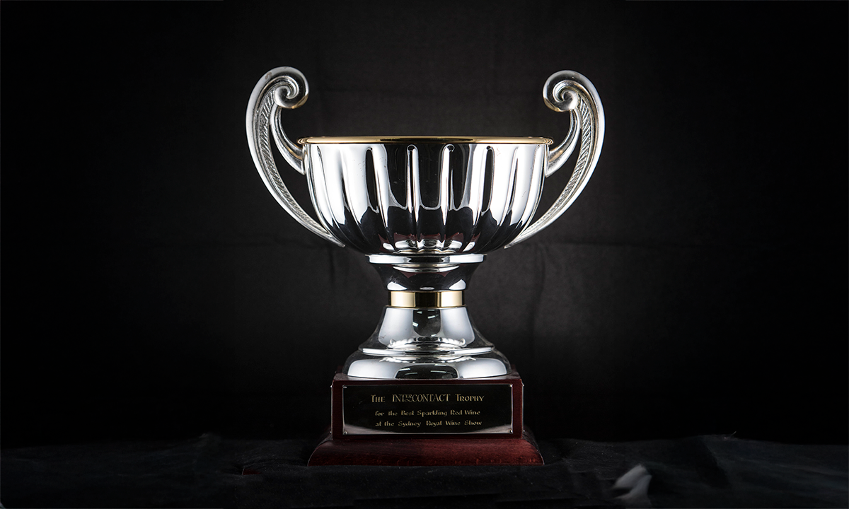 Silver-plated twin handled urn with line patterning on the body and flying scroll handles, on a turned stem and domed circular foot, raised on a square timber plinth base with applied presentation plaque. First presented in 1994.