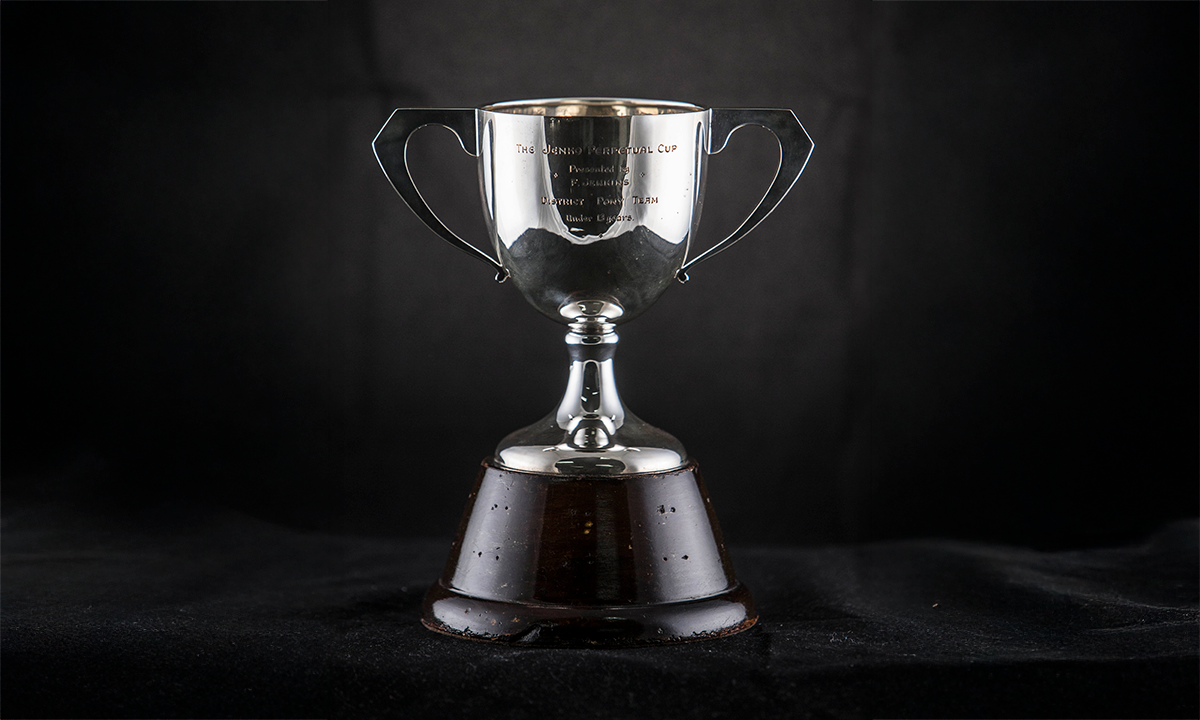 Small silver cup with angular handles, mounted on a tapered wooden base. First awarded in 1956.