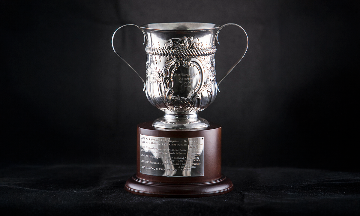 Silver cup with two thin handles, mounted on top of a round wooden base. First awarded in 2006.