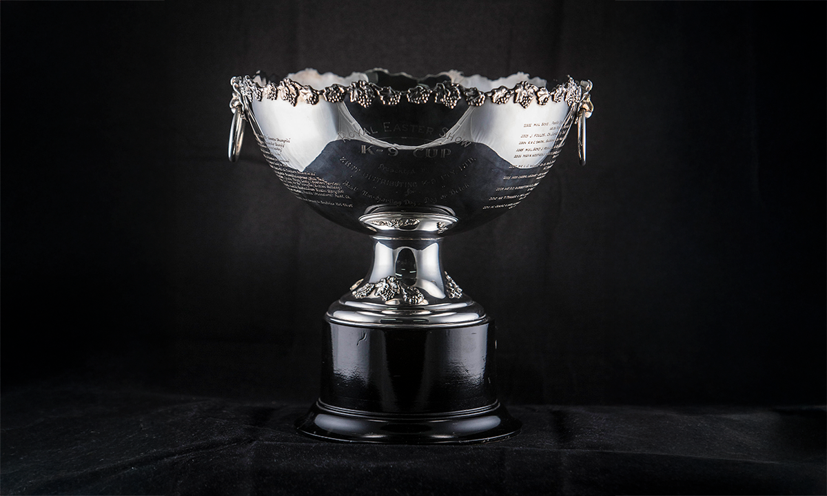 Silver twin handled punch bowl with decorative edges and drop handles, raised on a circular black base. First presented in 1958. 