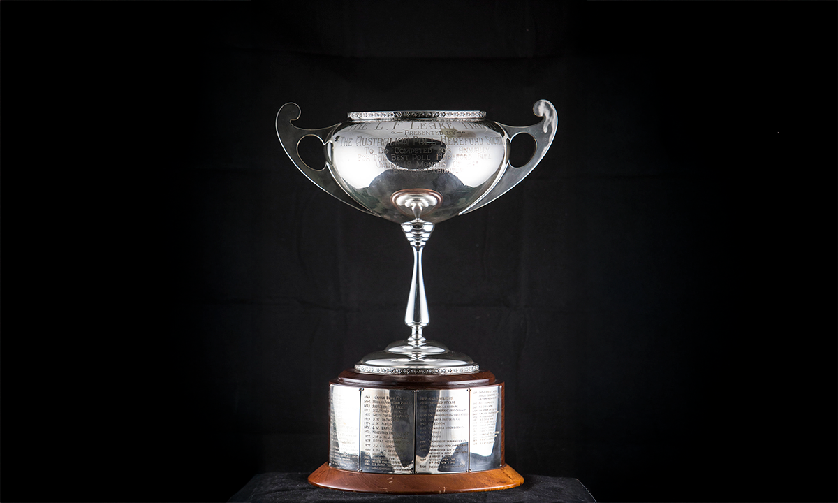 Twin handled cup with a gilt interior, floral embossed border and loop handles, on a thin stem, mounted on a wooden base. First awarded in 1950.