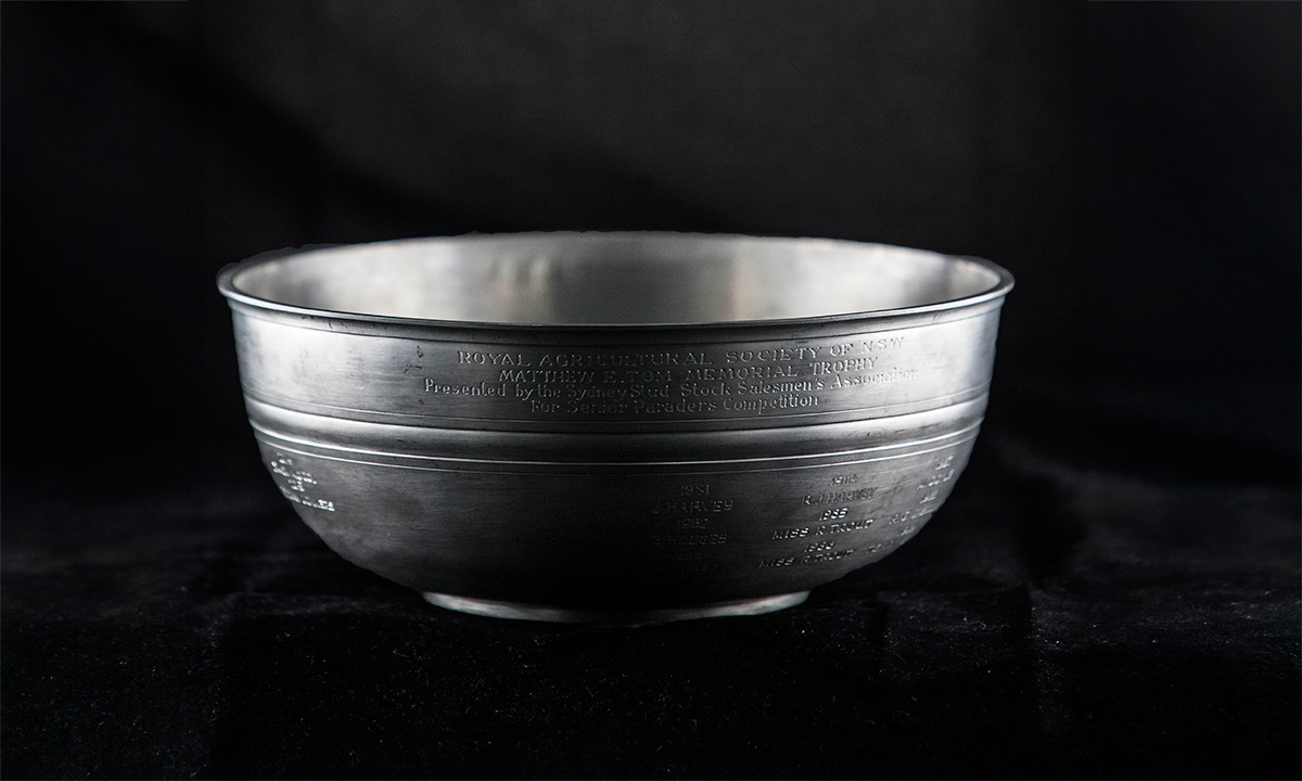 A pewter bowl with incised linear decoration, inscribed RAS of NSW. The names of previous winners are engraved on the outside of the bowl. First awarded in 1981.