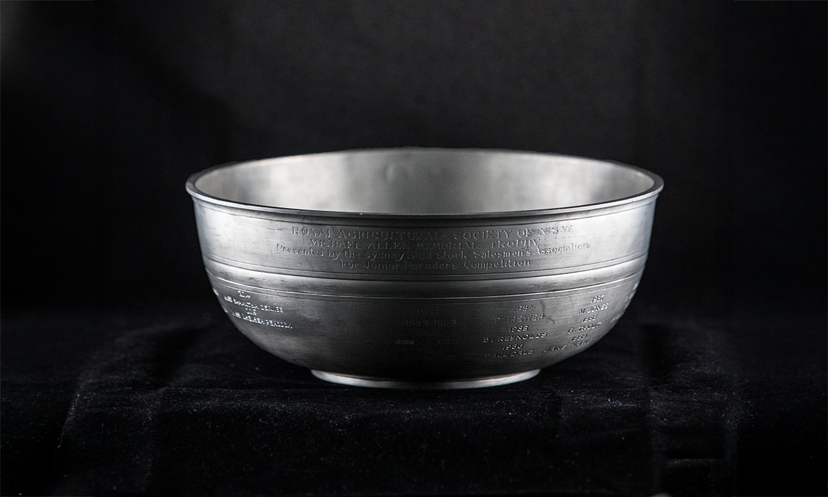 A pewter bowl with incised linear decoration, inscribed RAS of NSW. The names of previous winners are engraved on the outside of the bowl. First awarded 1981.