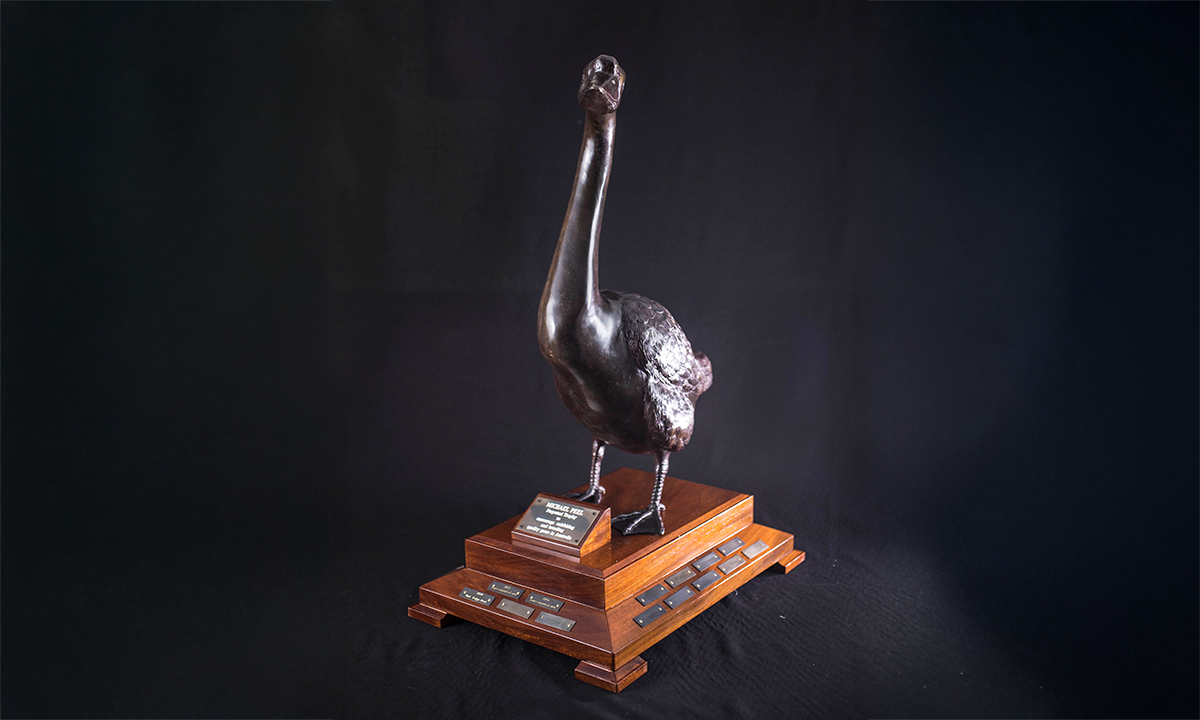 Life sized bronze goose, mounted to a stepped rectangular wooden base with dark engraving plates attached. First presented in 2013.