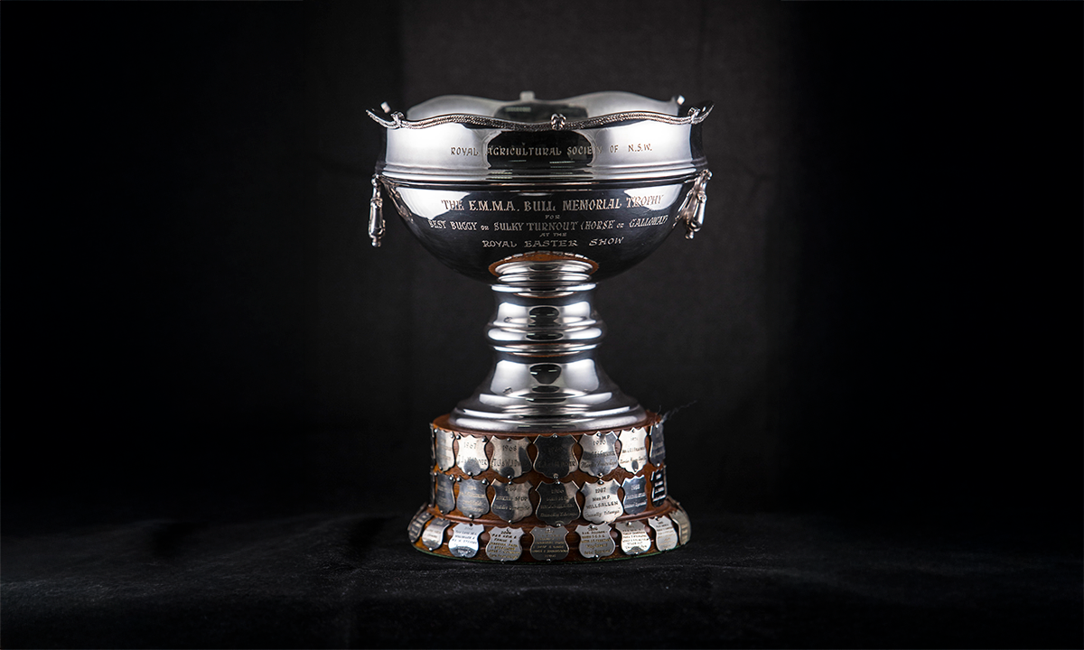 Silver bowl with a scalloped rim, and with twin hanging handles, mounted on a round oak base. First awarded in 1967.