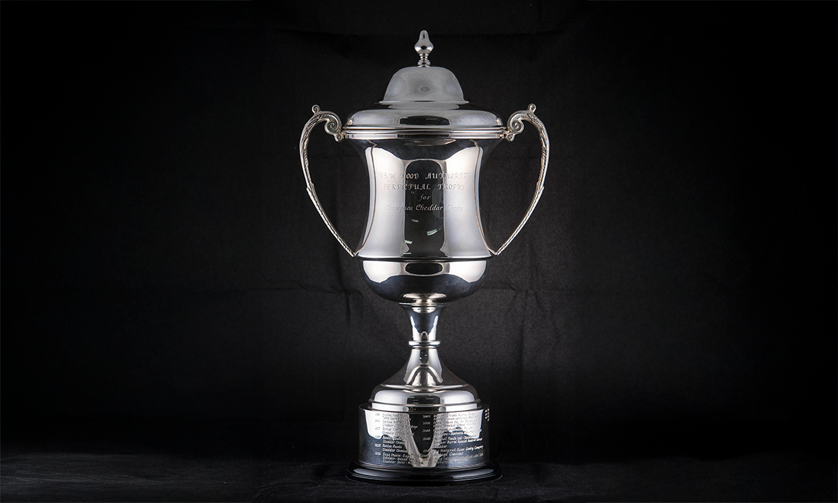 Silver-plated twin handled trophy cup with a domed lid and scroll handles, raised on a black base. First awarded in 2001.