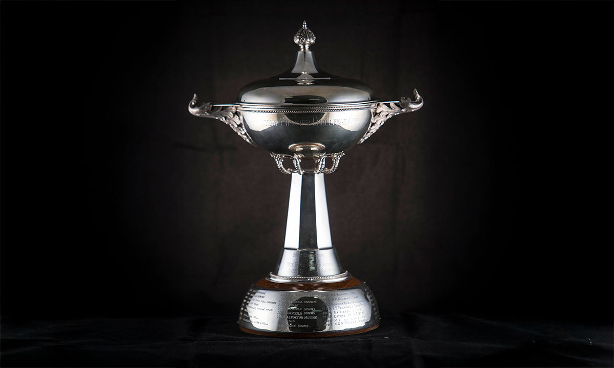 Silver twin-handled cup, with a lid engraved with a sheep. The cup is mounted on a turned wooden base with applied sterling silver presentation plaques bearing the names of previous winners. First awarded in 1959.
