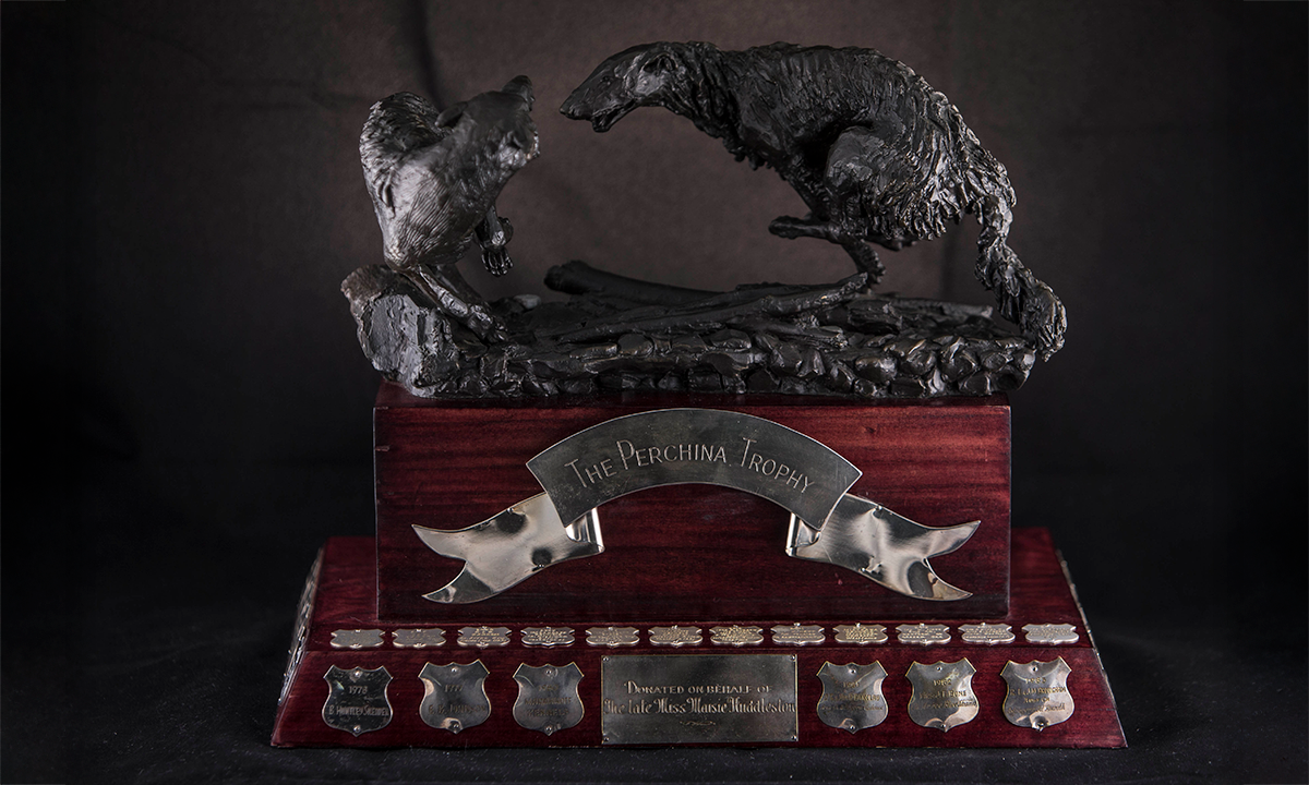 Bronze sculpture of fighting dogs, raised on a tiered rosewood finished plinth. First presented in 1979. 