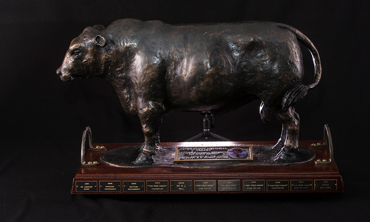 Large bronze figure of an Angus bull, raised on a wooden plinth. First presented in 2001.