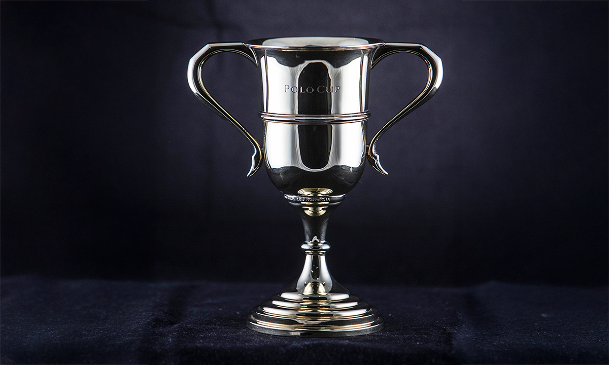 Gold twin handled trophy cup, raised on a turned stem and tiered circular foot. First presented in 1953.