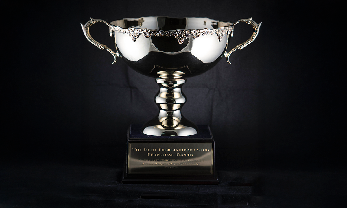 Gilded silver plate twin handled punch bowl, mounted on a square wooden base. First awarded in 2003.