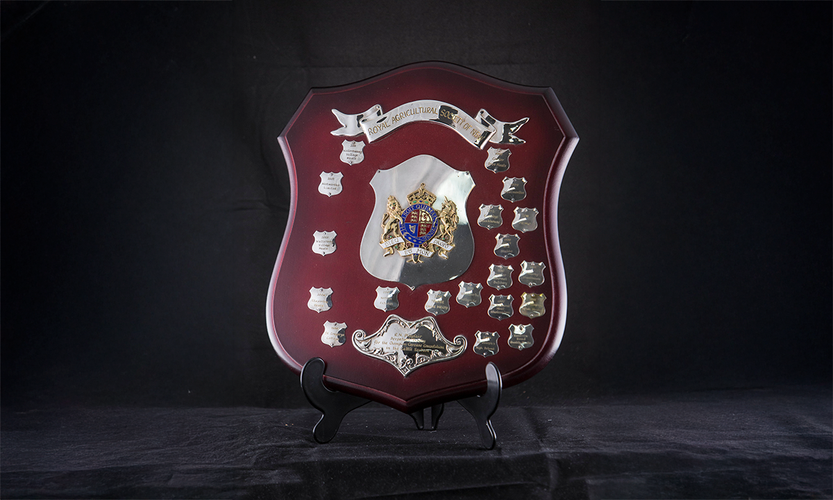 Timber shield with silver name and winner engraving plates, with an enamelled coat of arms applied to the centre. First presented in 1985. 